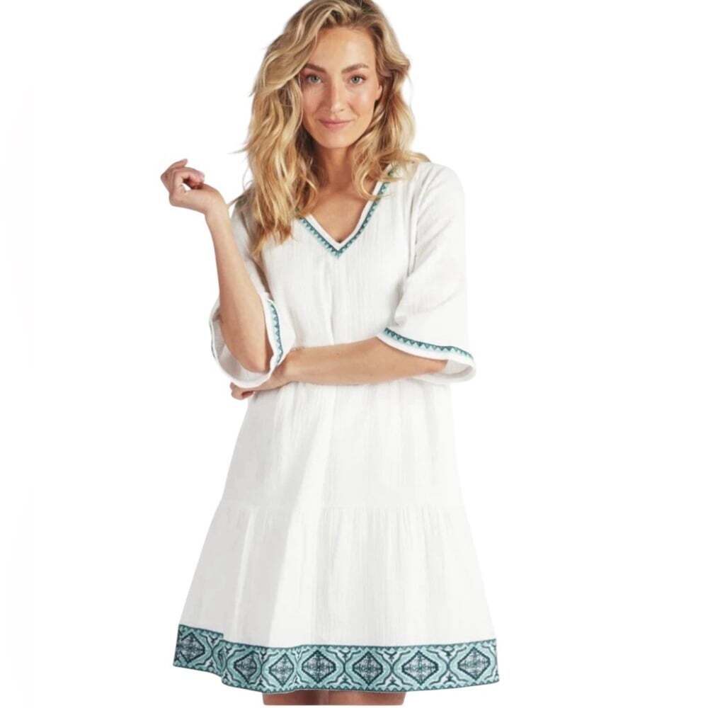 Esqualo White Embroidered Dress Size 6 V-Neck Boho Chic Summer Cotton Blend